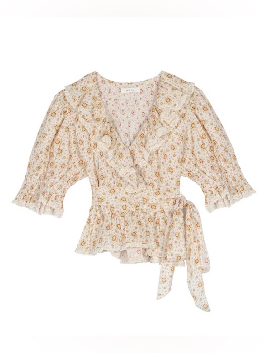 Doen Thames Ramie Ruffle Pintuck Short Sleeve Top Alabaster Countryside Calico - Picture 10 of 11
